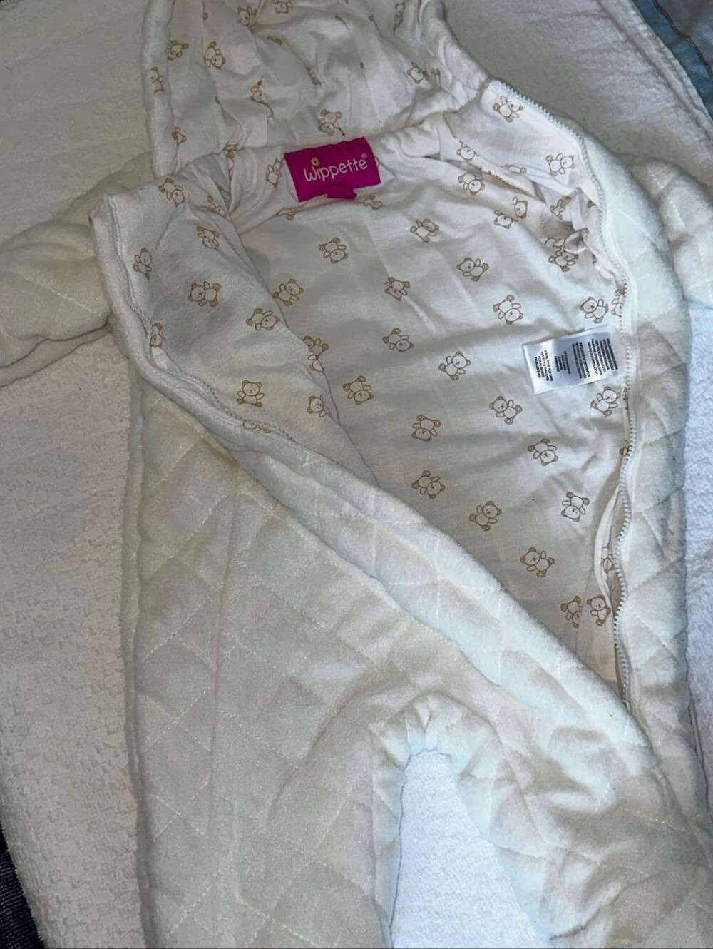 Wippette Cream Quilted Hooded Baby Bunting with Teddy Print Lining